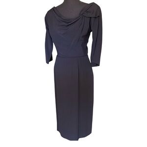 Vintage 1950s Dorothy O’Hara Black Draped Twist Collar Cocktail Dress Rare Small
